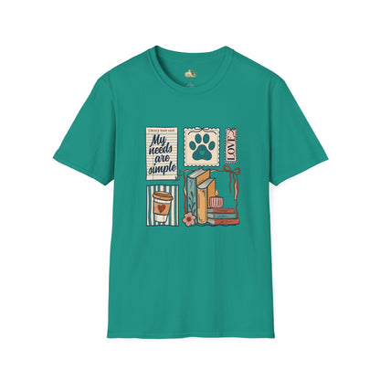 T-Shirt — "My Needs Are Simple" Book & Paw Graphic Tee