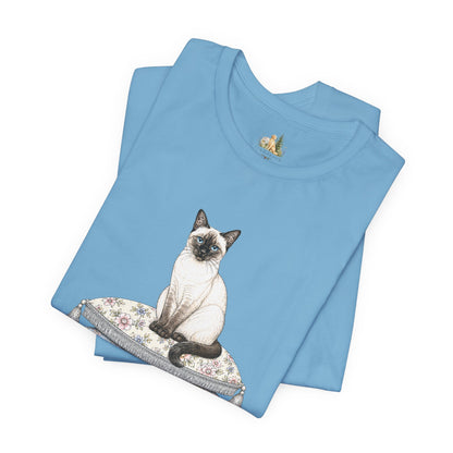 Siamese Cat on Floral Pillows T-Shirt | Vintage Pet Illustration