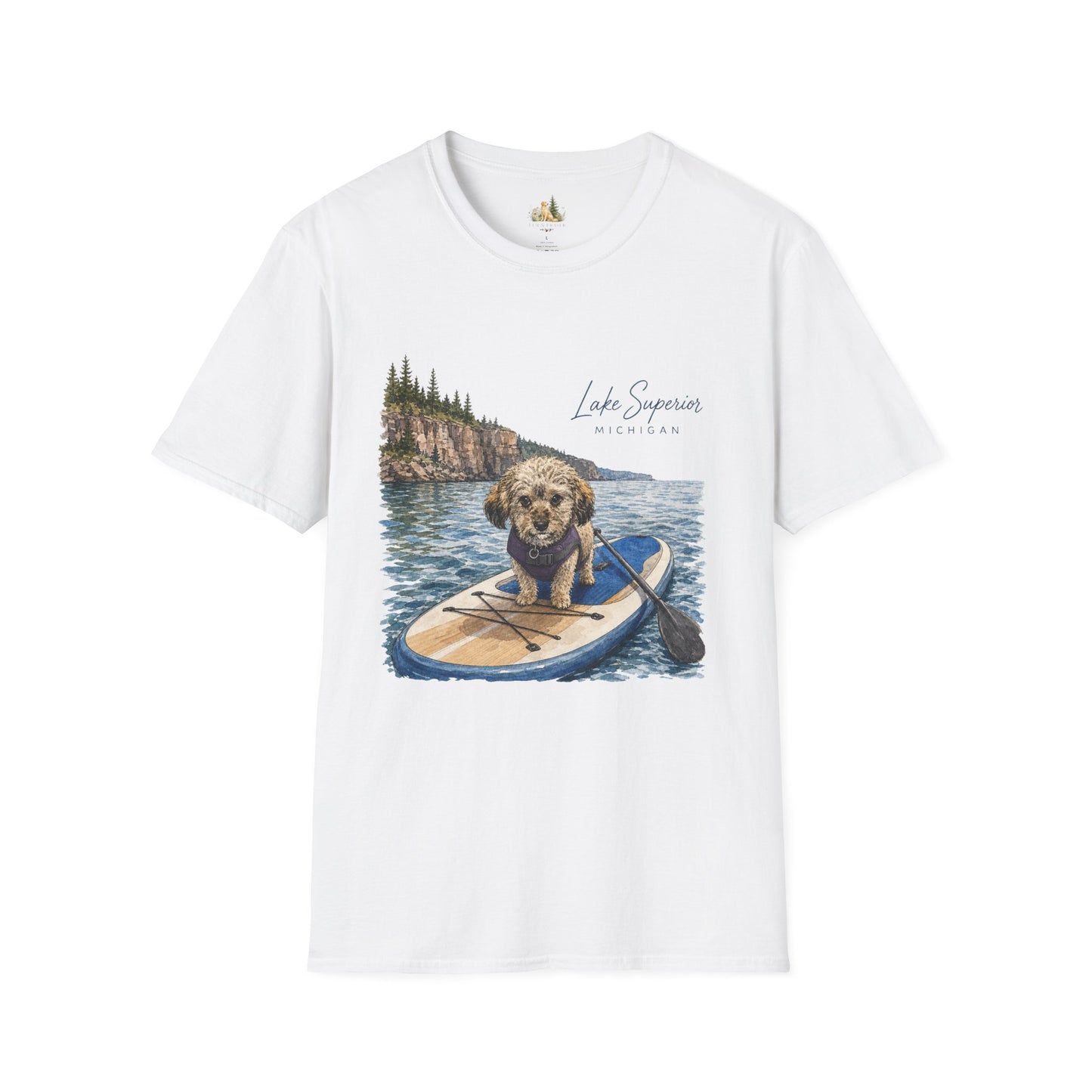 T-Shirt — Lake Superior Michigan Dog Paddleboard Graphic (Light Weight, Ultra Soft Tee)