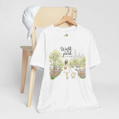 Walk in the Park T-Shirt | Woman Walking Dog Park Illustration