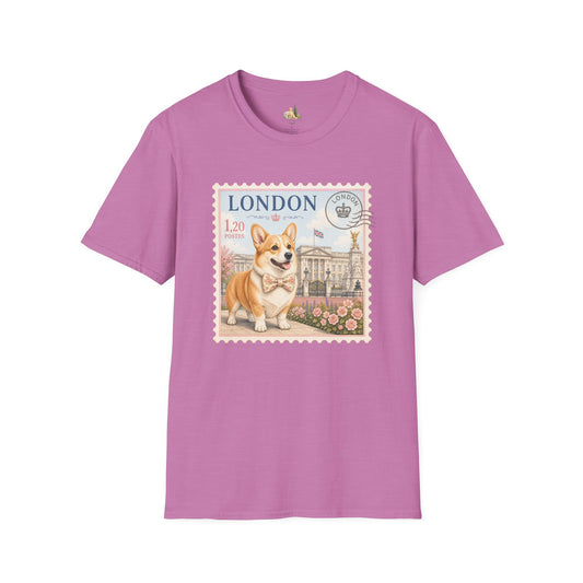 London Corgi Postage Stamp T-Shirt | Cute British Dog Travel Design (Light Weight, Ultra Soft Tee)
