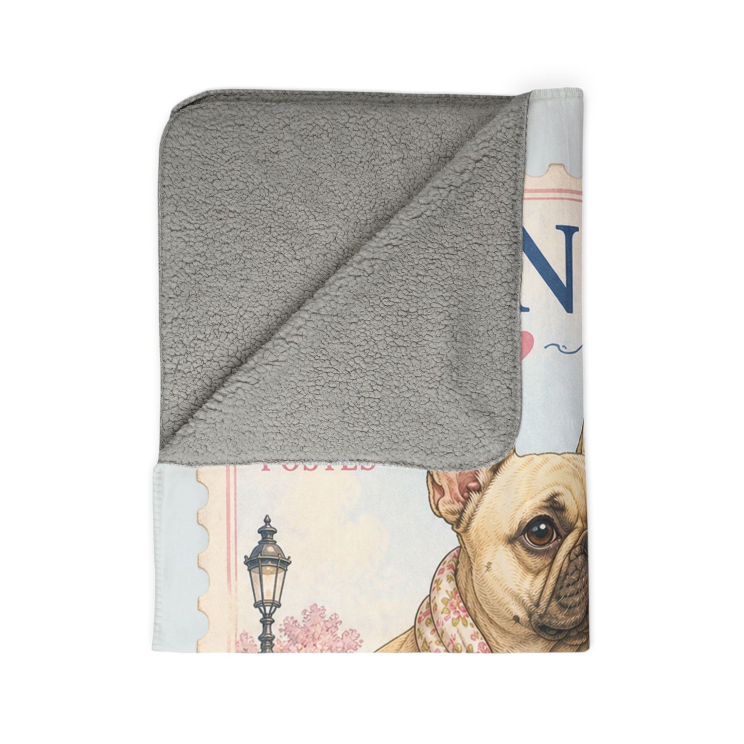 French Bulldog Paris Stamp Fleece Sherpa Blanket | Eiffel Tower, Floral Accent