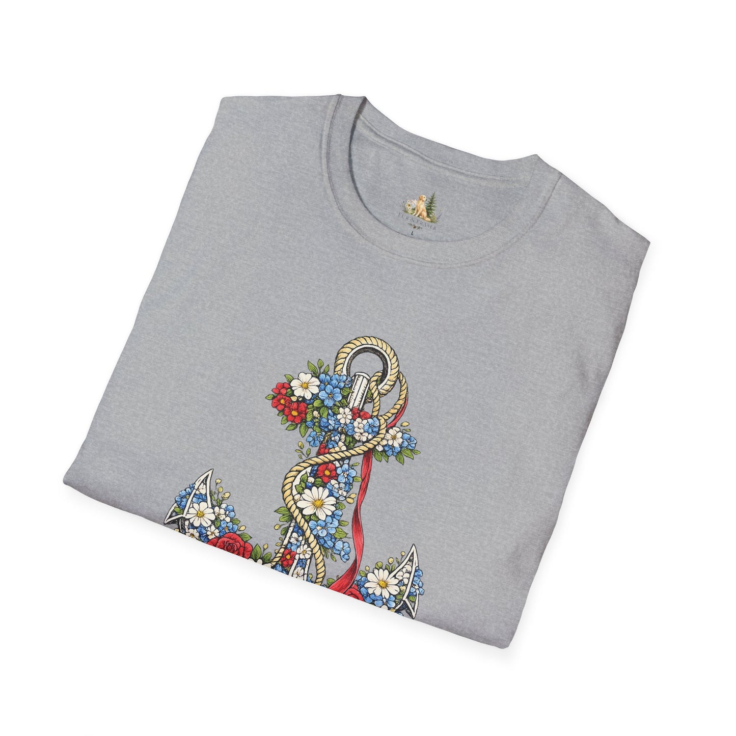 Floral Anchor Illustration T-Shirt Nautical Anchor with Roses (Light Weight, Ultra Soft T-Shirt)
