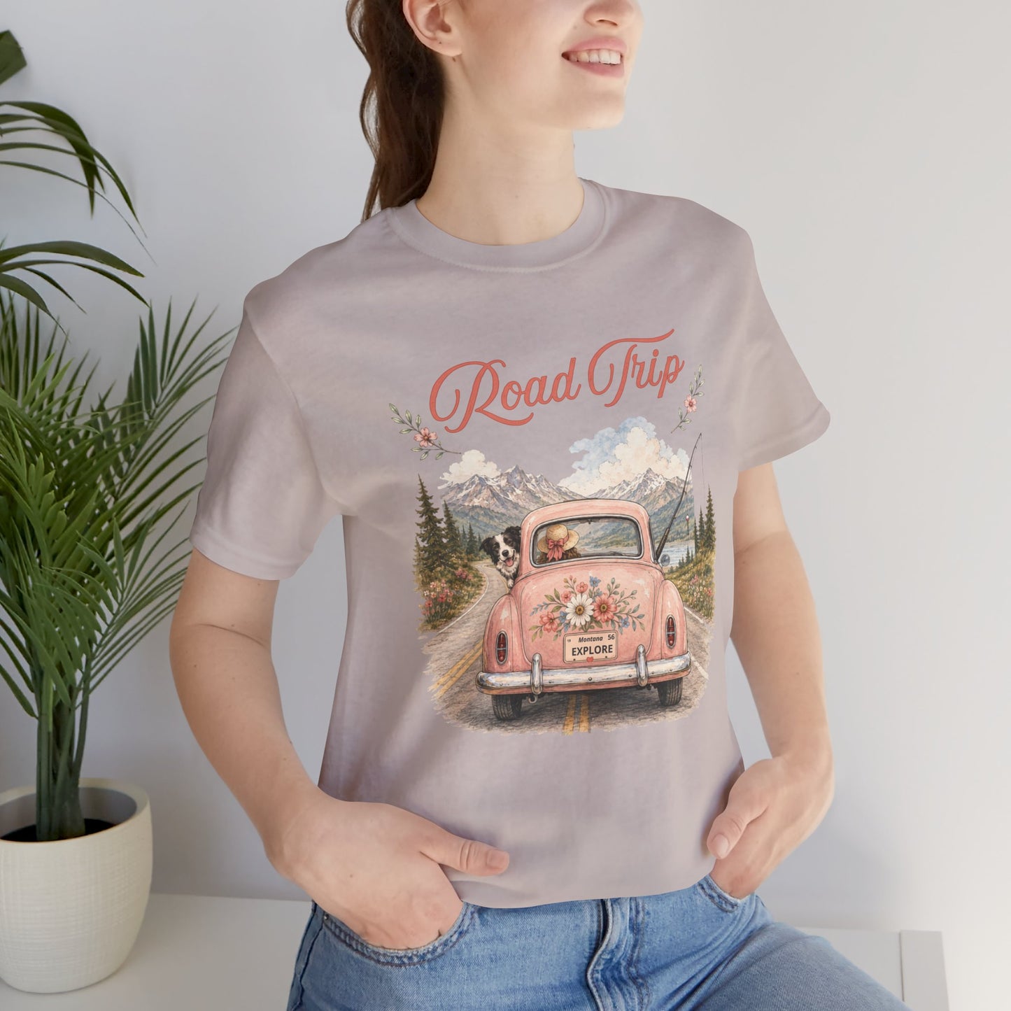 Road Trip Vintage Car T-Shirt — Retro Floral Scenic Drive Tee
