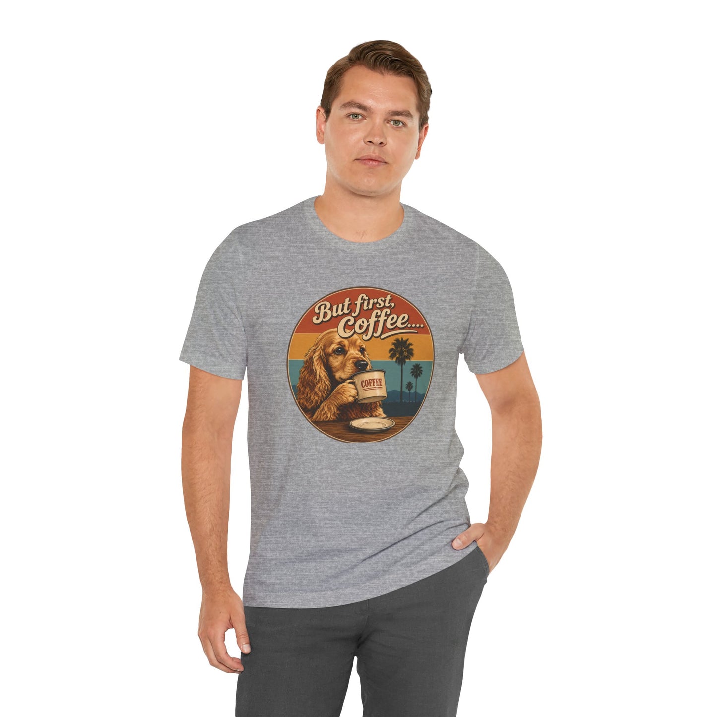 Men's But First Coffee Dog Tee — Retro Palm Tree Coffee Lover T-Shirt