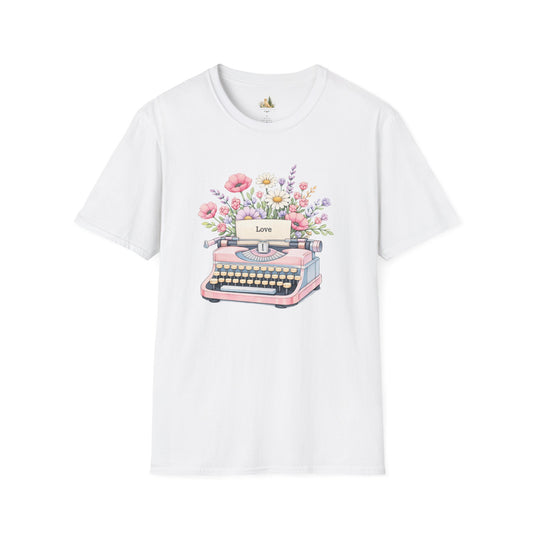 Typewriter Floral Tee — 'Love' Vintage Pink Typewriter Graphic T-Shirt (Light Weight, Ultra Soft Tee)
