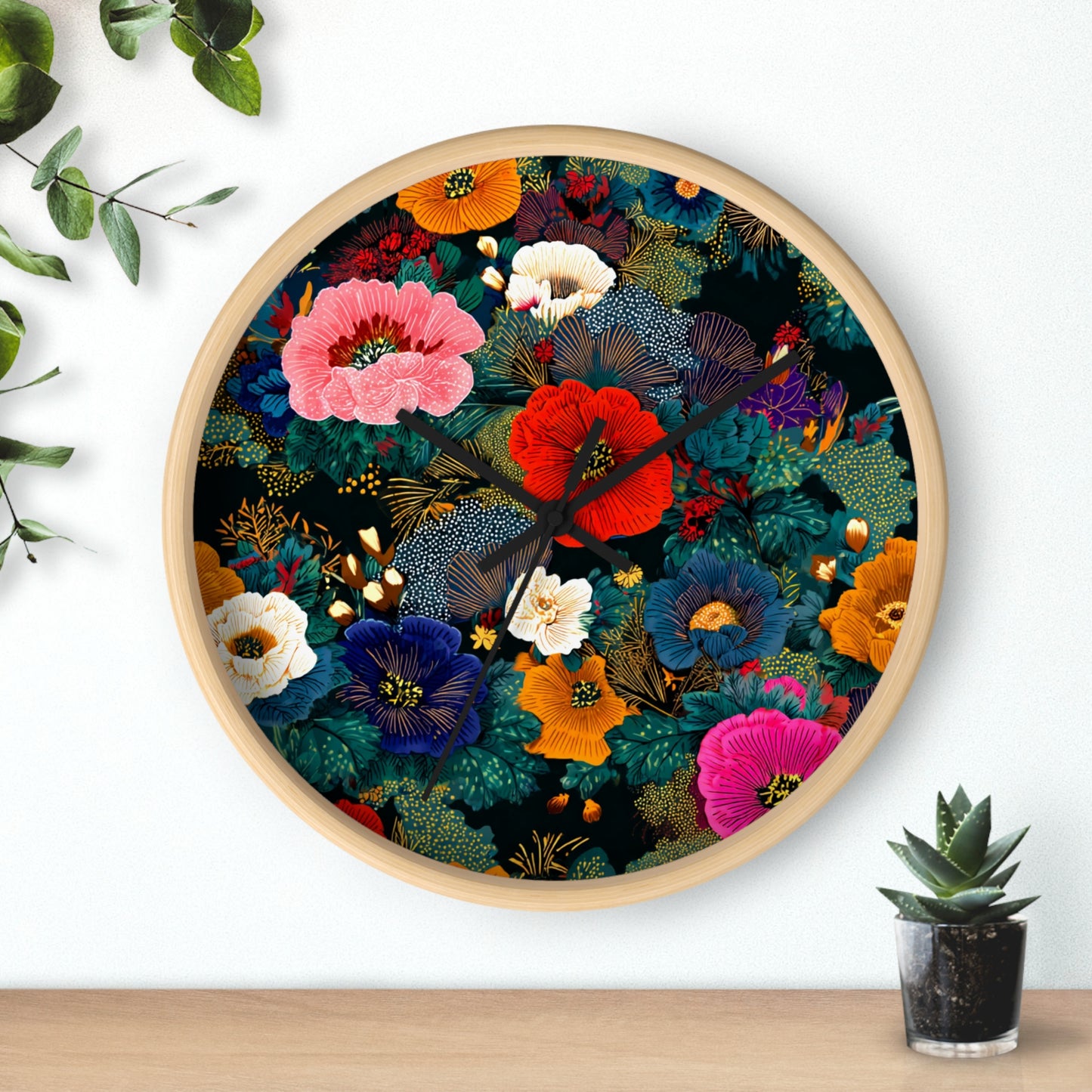 Floral Night Garden Wall Clock — Colorful Botanical Clock for Living Room & Bedroom