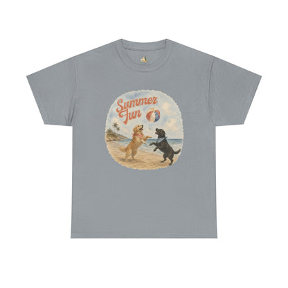 Unisex Summer Fun Dogs T-Shirt — Retro Beach Puppies Playing with Beach Ball (Heavy Weight Tee)