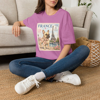 French Bulldog Postage Stamp T-Shirt | Eiffel Tower Paris Design (Light Weight, Ultra Soft Tee)