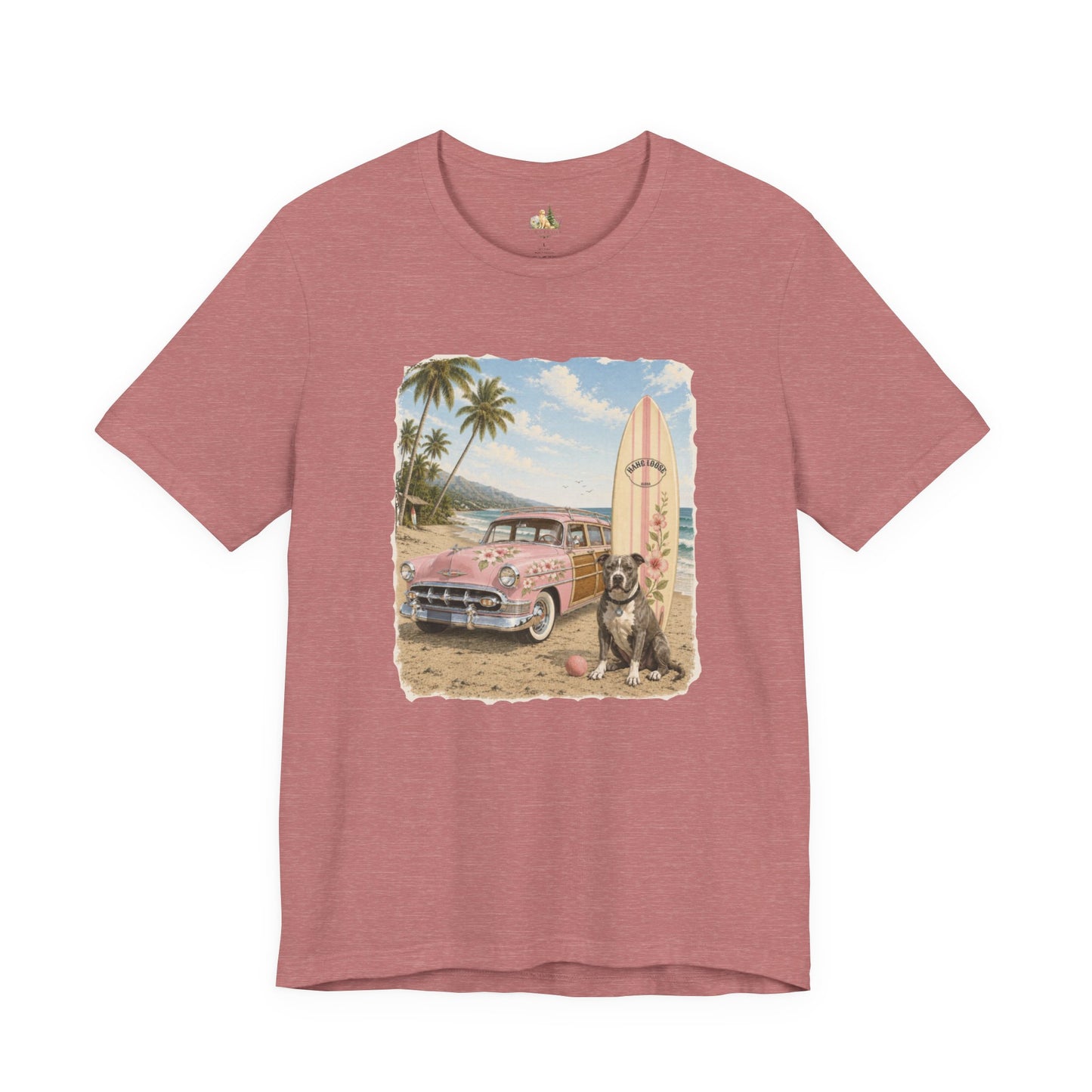 Vintage Beach Surf T‑Shirt — Retro Car, Surfboard & Dog Graphic