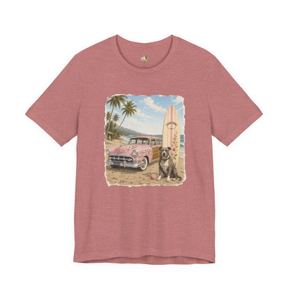 Vintage Beach Surf T‑Shirt — Retro Car, Surfboard & Dog Graphic