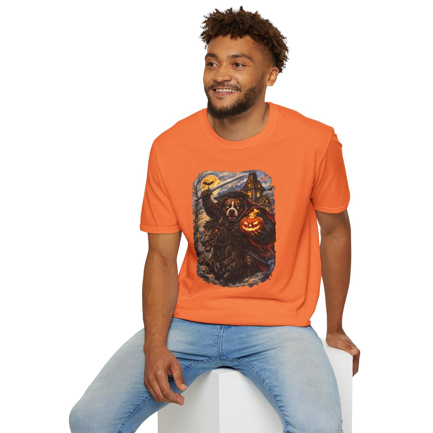 Unisex Halloween Pit Bull Headless Horseman Tee – What Tails Lurk Behind The Pines Collection