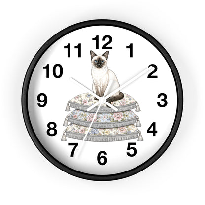 Siamese Cat on Stacked Cushions Wall Clock | Floral Pillow Illustration