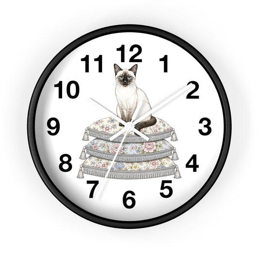 Siamese Cat on Stacked Cushions Wall Clock | Floral Pillow Illustration