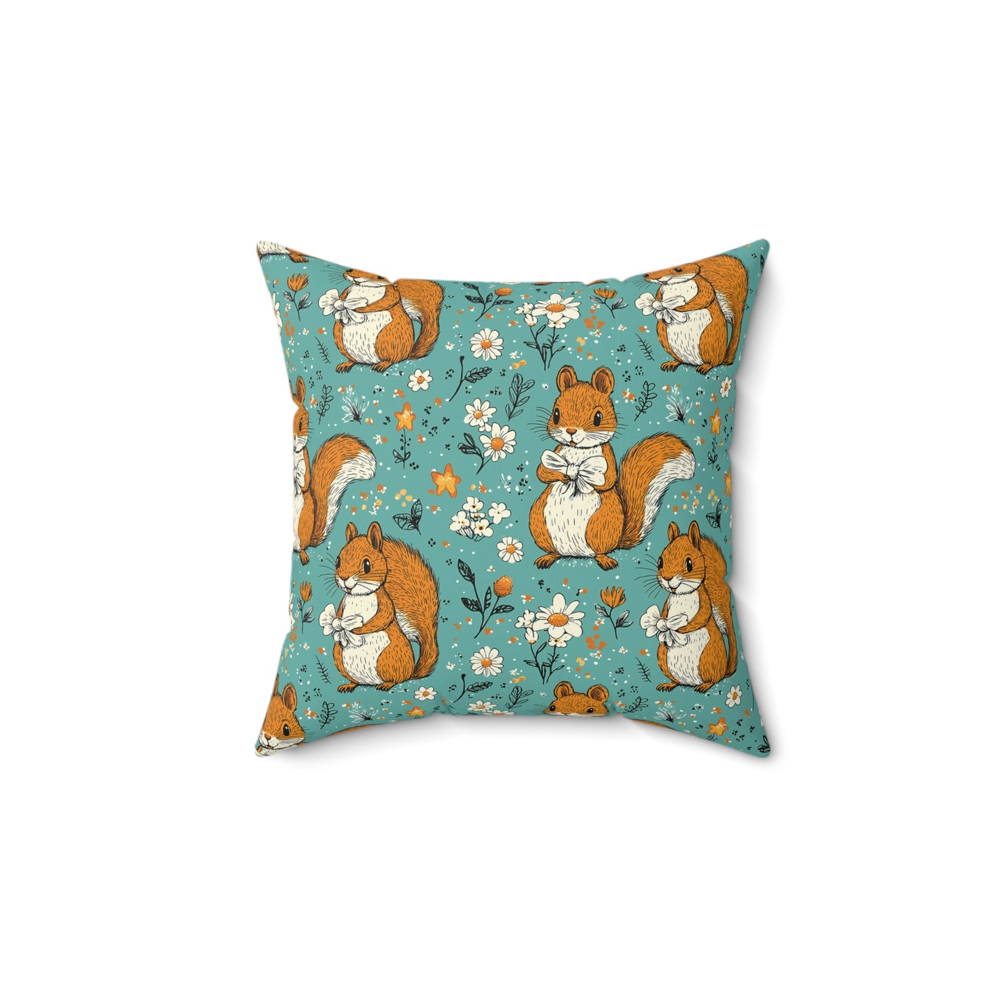Squirrel & Daisies Teal Pet Pillow — Plush Accent Pillow for Dog Beds 14x14"