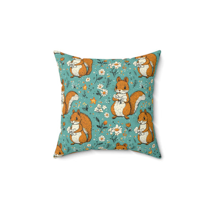 Squirrel & Daisies Teal Pet Pillow — Plush Accent Pillow for Dog Beds 14x14"