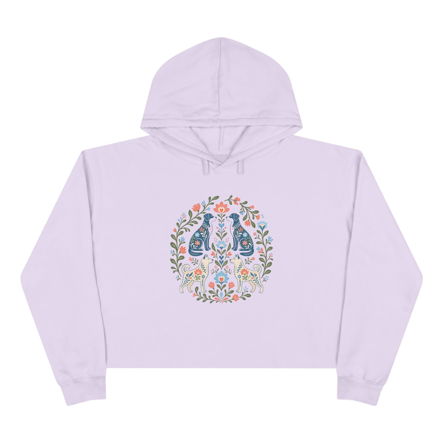 Floral Folk Art Crop Hoodie — Symmetrical Rabbit & Floral Circle Design