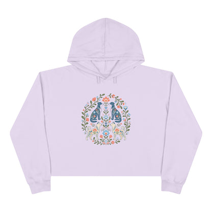 Floral Folk Art Crop Hoodie — Symmetrical Rabbit & Floral Circle Design
