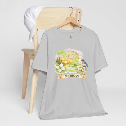 Michigan Scenic T-Shirt — State Flower & Bluebird Watercolor Design
