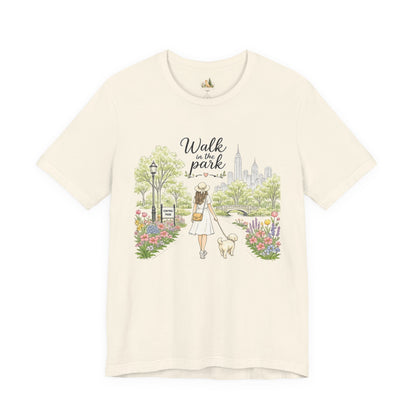 Walk in the Park T-Shirt | Woman Walking Dog Park Illustration