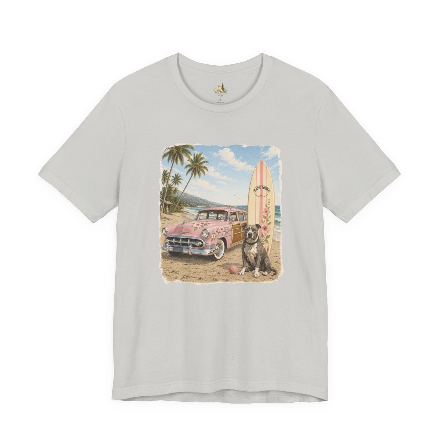 Vintage Beach Surf T‑Shirt — Retro Car, Surfboard & Dog Graphic