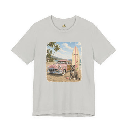 Vintage Beach Surf T‑Shirt — Retro Car, Surfboard & Dog Graphic