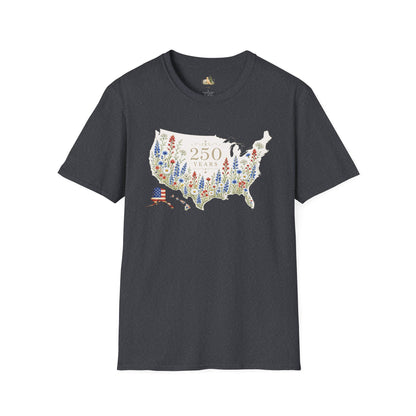 Unisex 250 Years USA Floral Map T-Shirt — Patriotic Anniversary Graphic Tee (Light weight Ulta Soft T-Shirt)