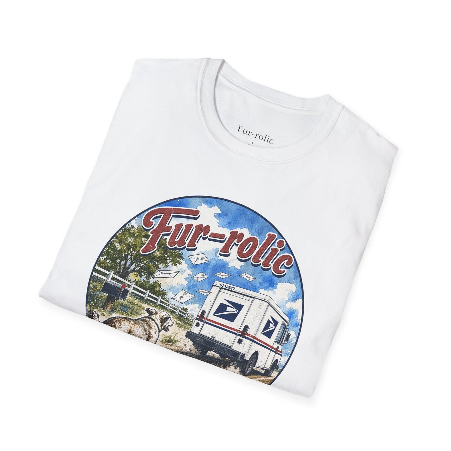 Fur-rolic T-Shirt — Postal Mail Truck & Playful Dogs Retro Graphic Tee (Light Weight Ultra Soft Tee)
