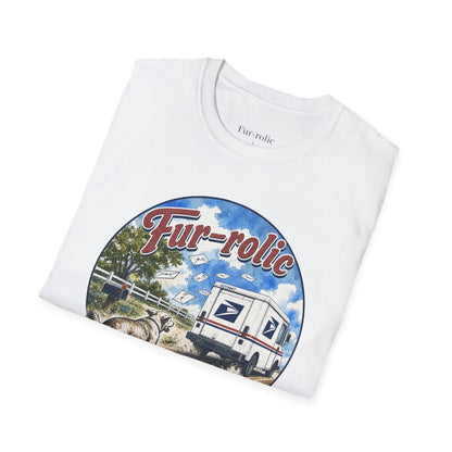 Fur-rolic T-Shirt — Postal Mail Truck & Playful Dogs Retro Graphic Tee (Light Weight Ultra Soft Tee)