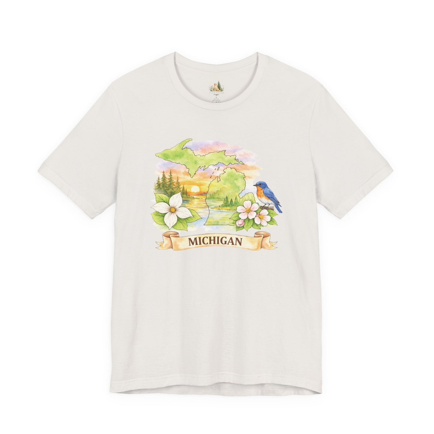 Michigan Scenic T-Shirt — State Flower & Bluebird Watercolor Design