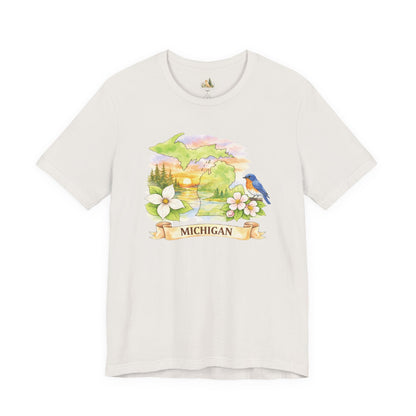 Michigan Scenic T-Shirt — State Flower & Bluebird Watercolor Design