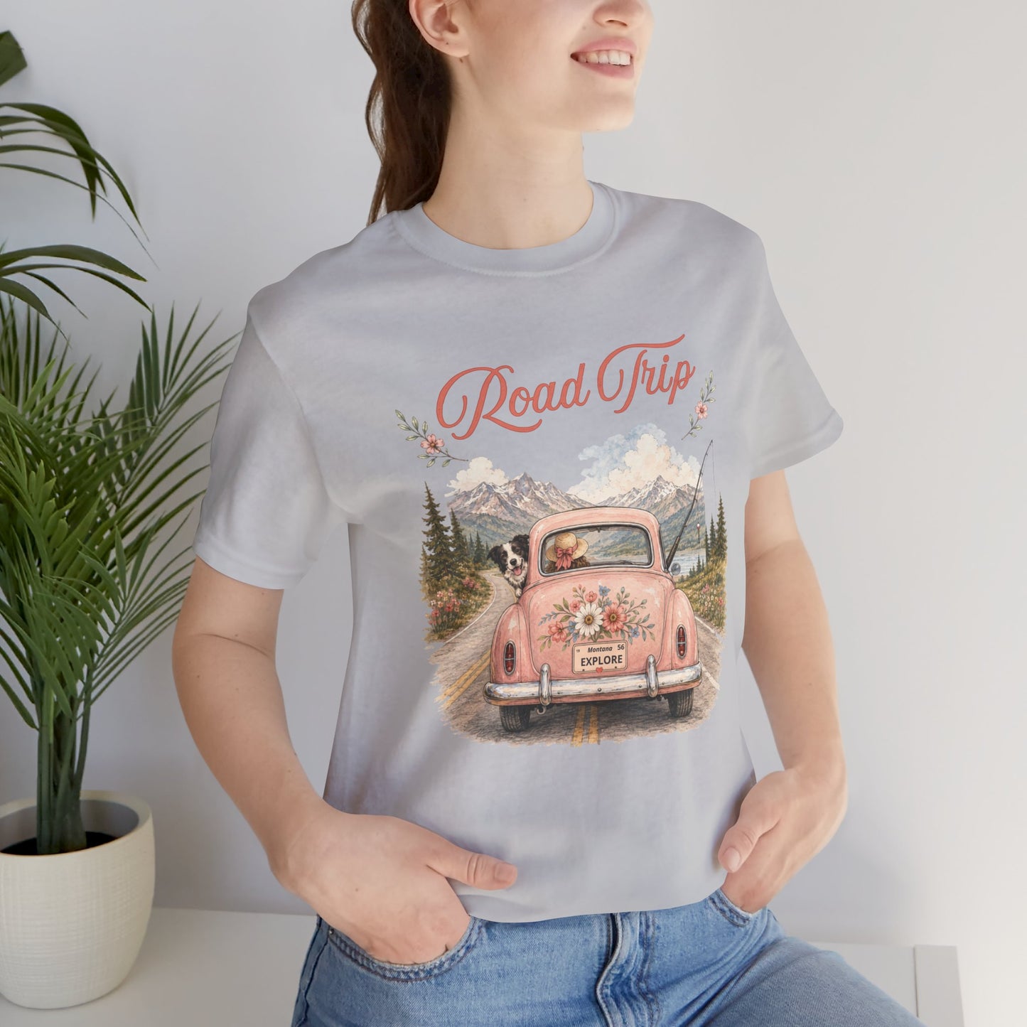 Road Trip Vintage Car T-Shirt — Retro Floral Scenic Drive Tee