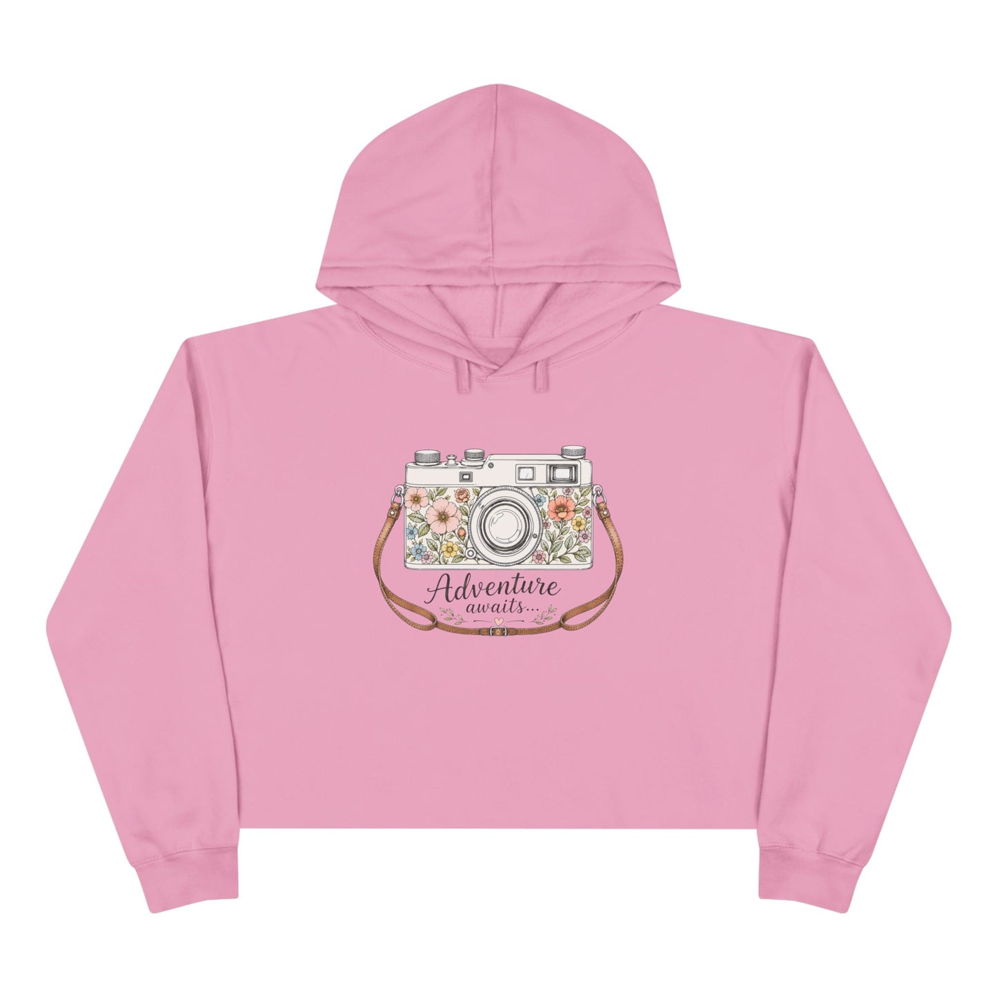 Cropped Hoodie — Floral Vintage Camera “Adventure Awaits” Crop Hoodie