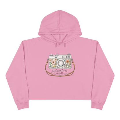 Cropped Hoodie — Floral Vintage Camera “Adventure Awaits” Crop Hoodie