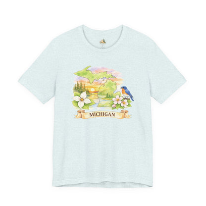 Michigan Scenic T-Shirt — State Flower & Bluebird Watercolor Design