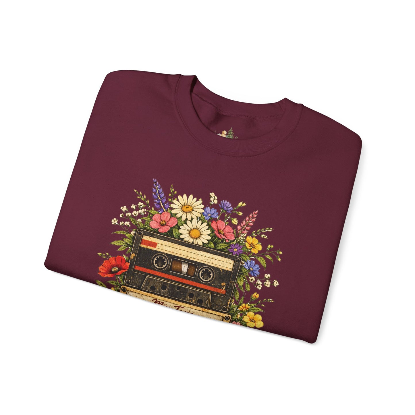 Retro Cassette Floral Sweatshirt — Vintage Tape Player Crewneck