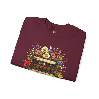 Retro Cassette Floral Sweatshirt — Vintage Tape Player Crewneck