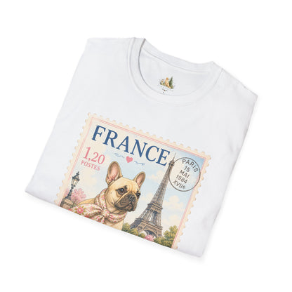 French Bulldog Postage Stamp T-Shirt | Eiffel Tower Paris Design (Light Weight, Ultra Soft Tee)