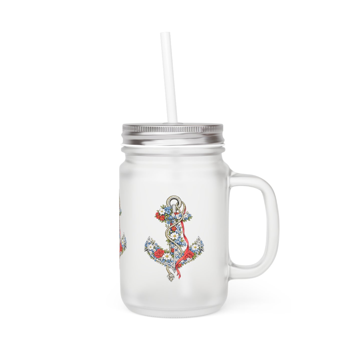 Floral Anchor Mason Jar | Mason Jar Tumbler with Handle and Straw