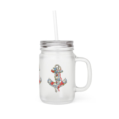 Floral Anchor Mason Jar | Mason Jar Tumbler with Handle and Straw