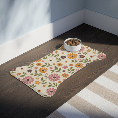 Floral Retro Dog Bone Feeding Mat — Non-Slip Pet Bowl Placemat