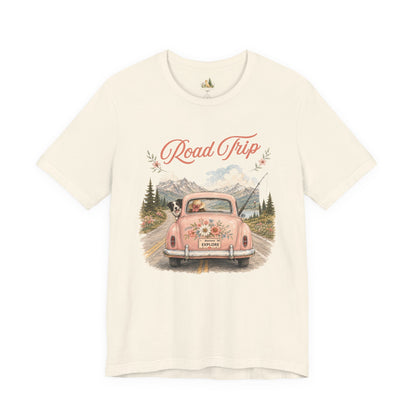 Road Trip Vintage Car T-Shirt — Retro Floral Scenic Drive Tee