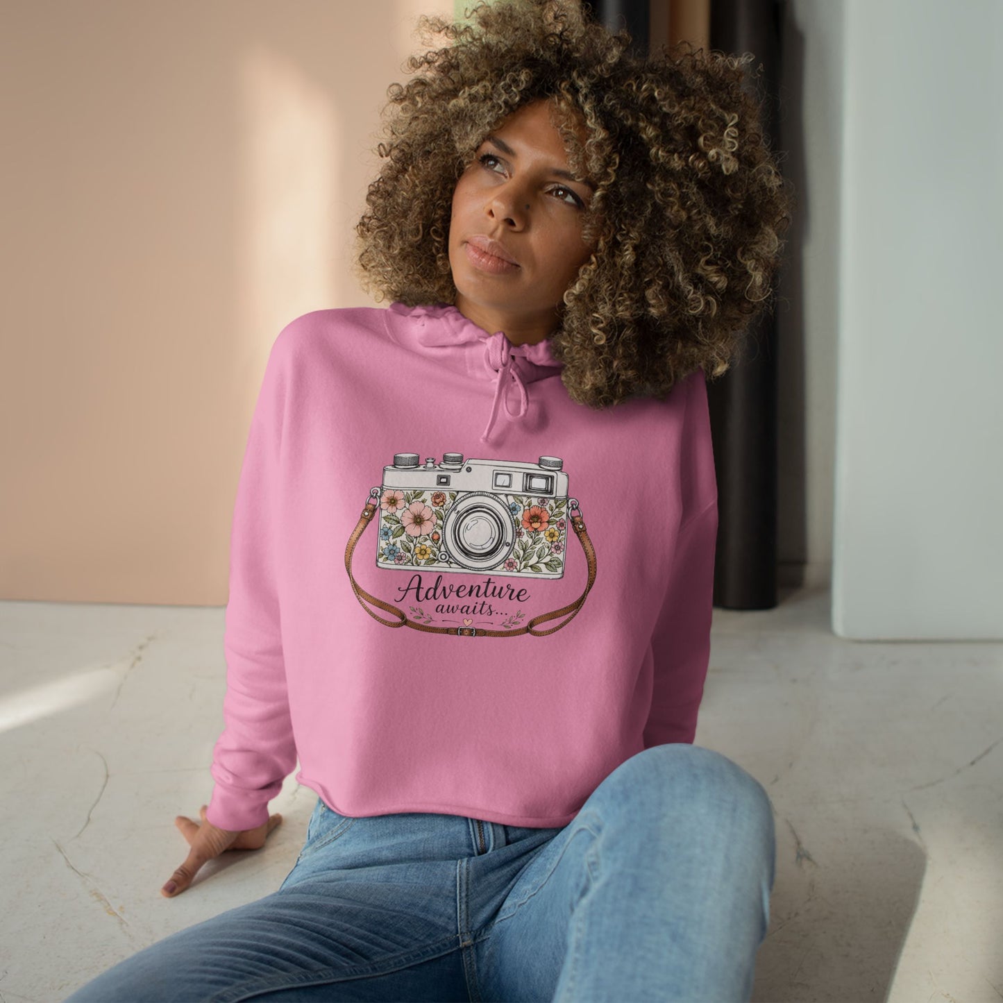 Cropped Hoodie — Floral Vintage Camera “Adventure Awaits” Crop Hoodie