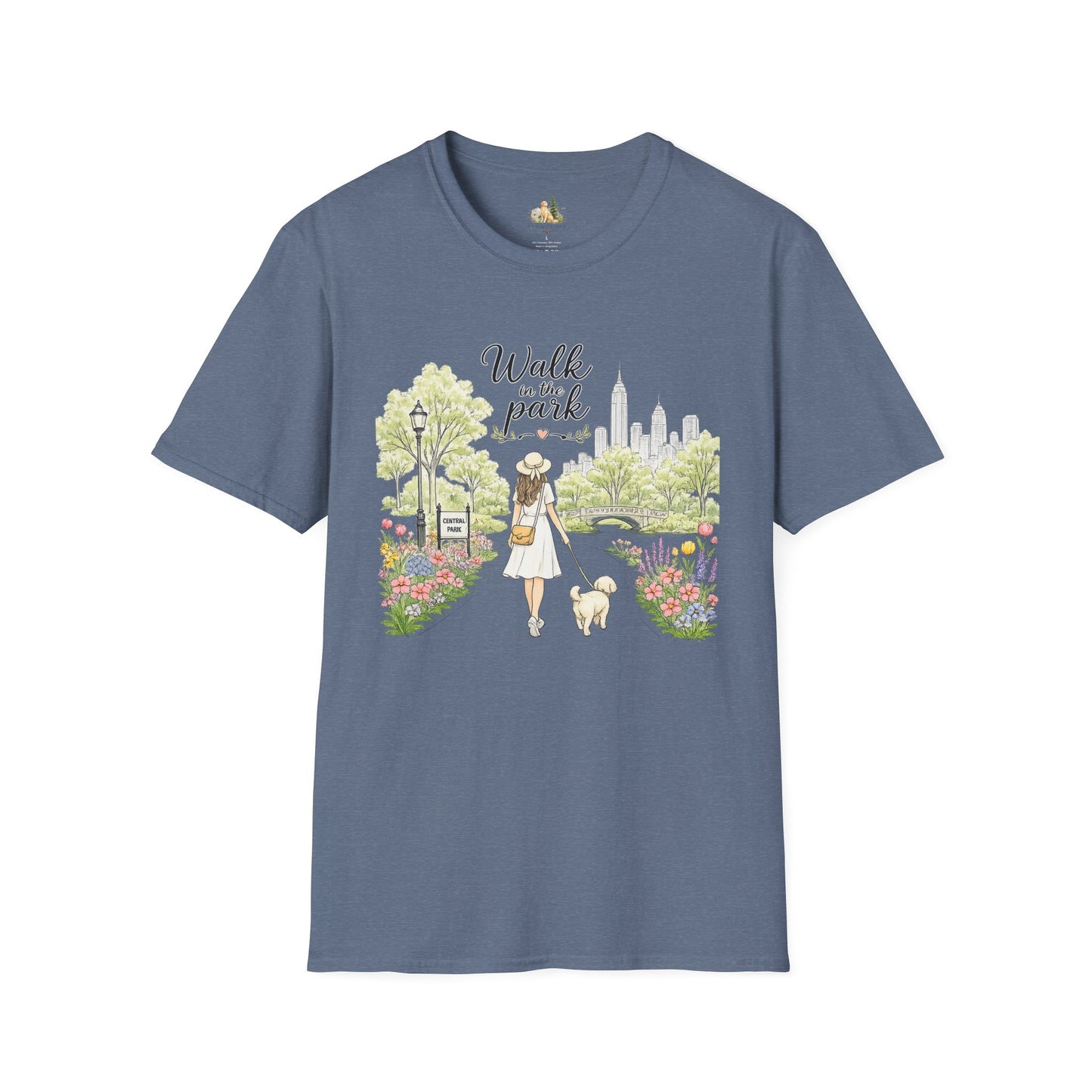 Walk in the Park T-Shirt | Woman Walking Dog Park Illustration (Light Weight, Ultra Soft Tee)