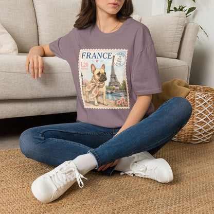 French Bulldog Postage Stamp T-Shirt | Eiffel Tower Paris Design (Light Weight, Ultra Soft Tee)