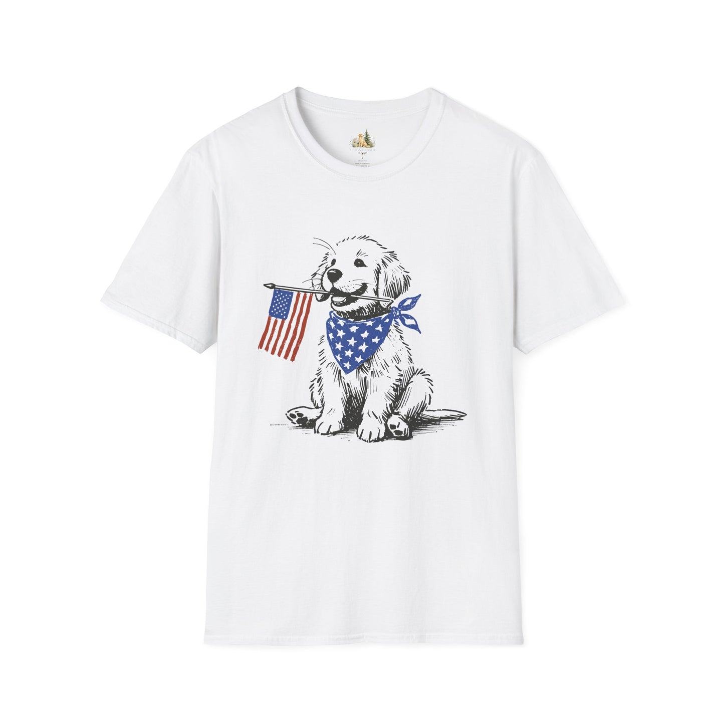 Unisex Patriotic Puppy T-Shirt — Golden Retriever with American Flag Bandana (Light Weight, Ultra Soft Tee)