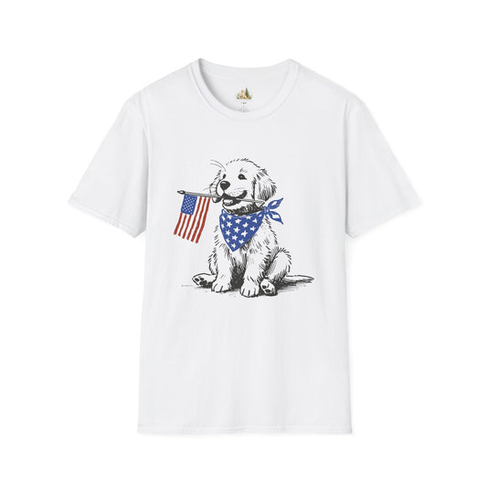 Unisex Patriotic Puppy T-Shirt — Golden Retriever with American Flag Bandana (Light Weight, Ultra Soft Tee)