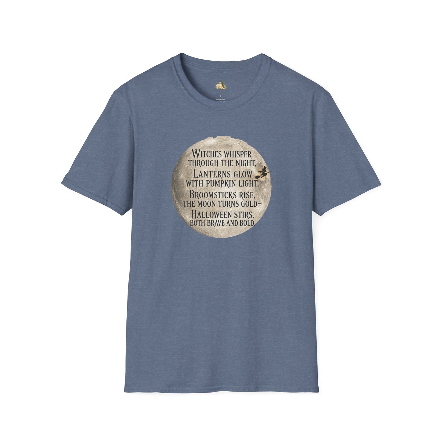 Halloween Poem T-Shirt — "Witches whisper through the night" Moon Graphic