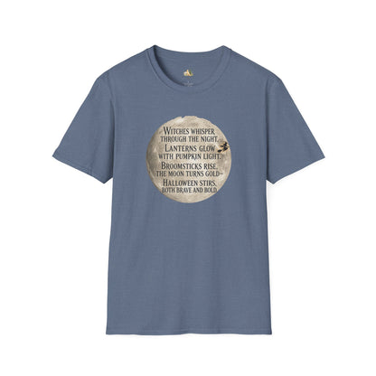 Halloween Poem T-Shirt — "Witches whisper through the night" Moon Graphic