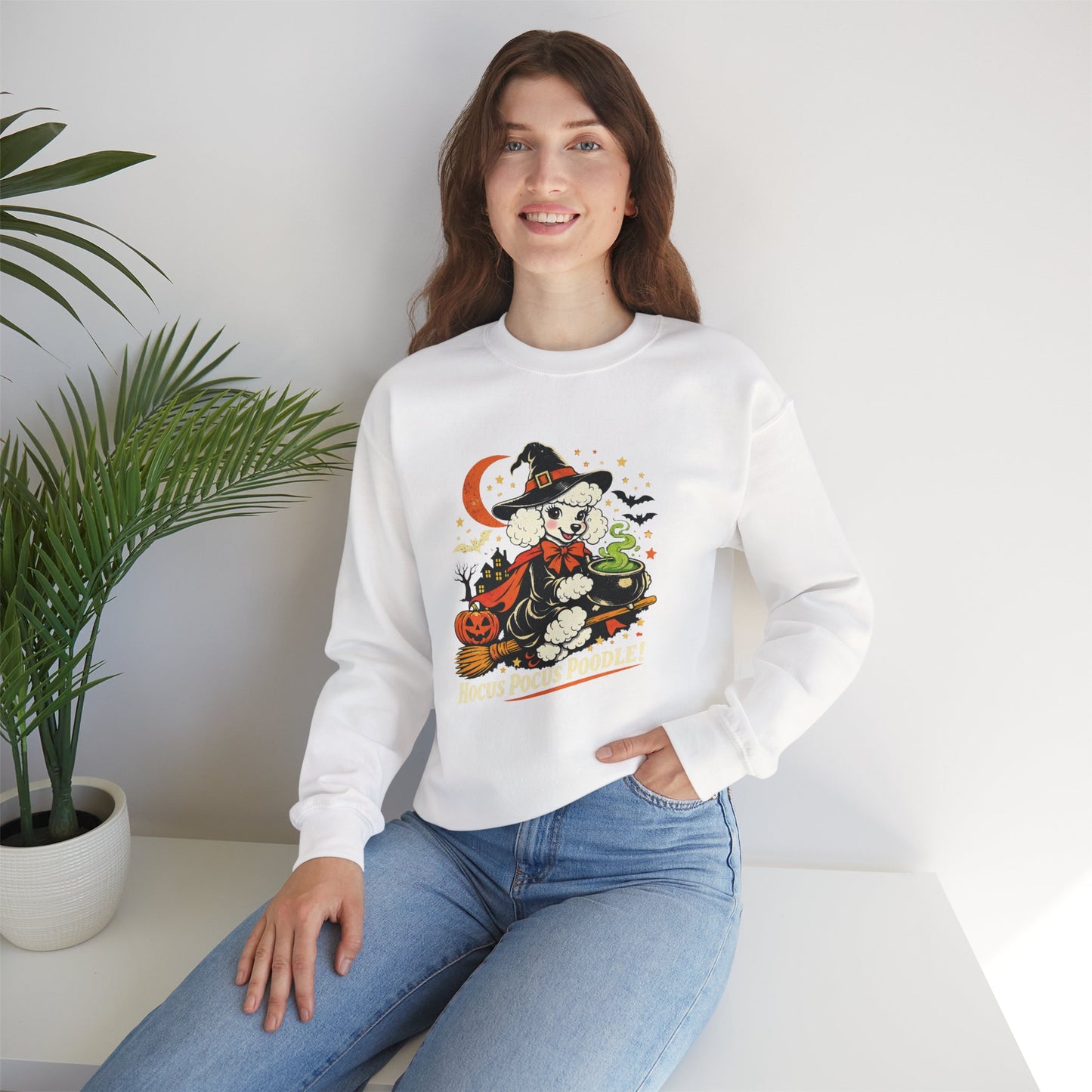 Vintage Halloween Poodle Witch Crewneck Sweatshirt — Cute Pumpkin and Poodle